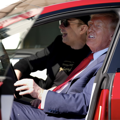 Trump sitting in a Tesla with Elon leaning over him, smiling