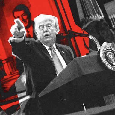 A cut-newspaper black-and-white stylized photo of Trump at a podeum pointing outward