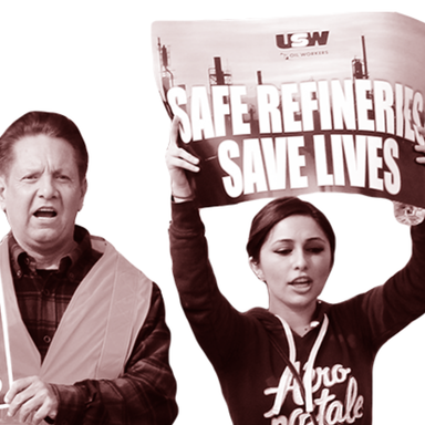 A sepia photo of a young woman holding a sign that says 'Safe Refineries Save Lives'