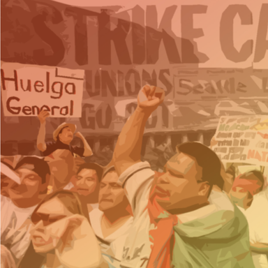 Several people in a protest holding signs in Spanish saying 'Huelga General'
